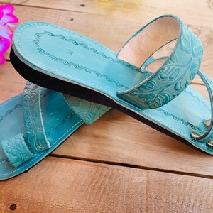 Teal Leather Sandals Woman Mexican Shoes Vintage Style 1970s-Floral-Flip Flops-Hippie-BOHO-Tribal-Shoes-Summer-Handmade Sandals-Huaraches image 8