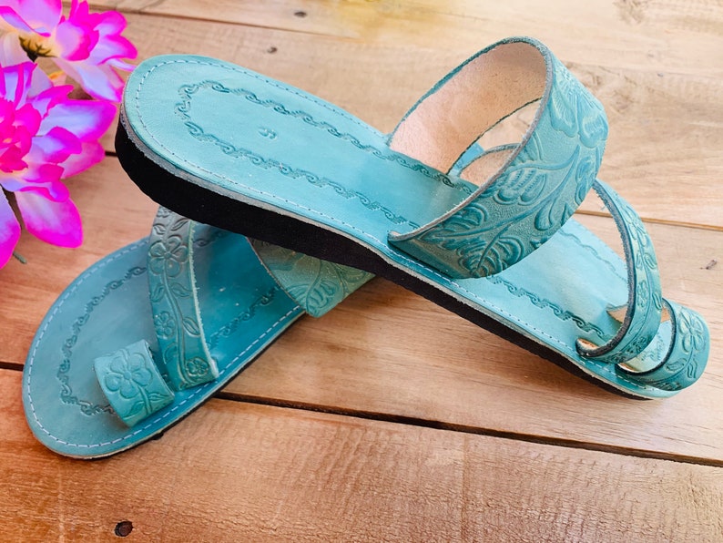 Teal Leather Sandals Woman Mexican Shoes Vintage Style 1970s-Floral-Flip Flops-Hippie-BOHO-Tribal-Shoes-Summer-Handmade Sandals-Huaraches image 8