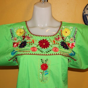 Mexican Embroidered Tunic -Embroidered by Hand- Lime Green (Small) BOHO Hippie- Handmade- Beautiful