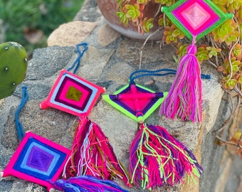 Hand Woven Ojo de Dios Purse Charm Yarn Tassel-Unique-Bag Bling-Day of the Dead-Boho-Halloween-COCO Hippie Fiesta-Goth-Fiesta Gift