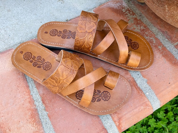 Brown Leather Sandals Woman Mexican Shoes Vintage Style 1970s