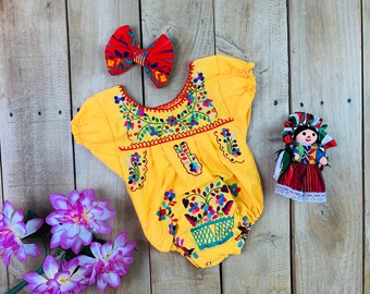 0-12 Months Yellow Toddler Mexican Girls Romper Onesie Hand Embroidered Flower Girl-Summer Fiesta Boho Birthday Outfit-Frida Kahlo Party