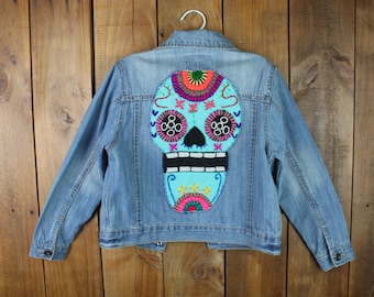 XS-4/5 Kids Unisex Sugar Skull Denim Jacket-Halloween-Goth-Day of the Dead Grudge-Skater-Surfer-Child-Mini Me-International Day-Fiesta-Cool