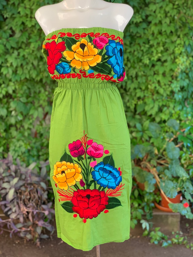 Strapless Colorful Mexican Dress Embroidered Flowers Summer-BOHO-Hippie-Frida Kahlo style Handmade Dress Floral Wedding Tube Top Fiesta