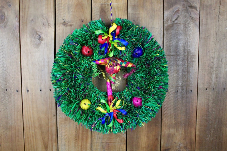 Hand Woven Palm Leaf Christmas Wreath-Handmade-Boho-Fiesta-Christmas Tree-Decor-Xmas-Gift Ideas-Holiday-Southwest-Coco-Bell-Door Hanging