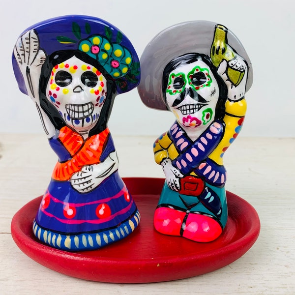 Hand painted Salt & Pepper Shaker Clay Barro Table Setting Day of the Dead Wedding Gift Folk Art One of a Kind Day of the Dead Kitchen Table