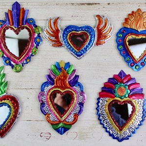 Medium Handmade Mexican Tin Mirror Ornaments Sacred Heart-Valentines Day Gift-Fiesta-Red-Rock & Roll-Hand Painted-Folk Art-Christmas Tree