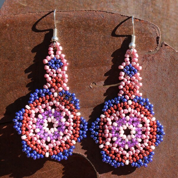 Handmade Beaded Mexican Earrings- Huichol-Hippie- BOHO-Ethnic- Handwoven- Orange- Folk Art