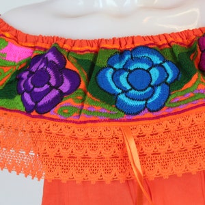 Dress Off the Shoulder Mexican Cotton Machine Embroidered Flowers-Orange Lace-Summer-BOHO-Hippie-Frida Kahlo style-Handmade Dress Art