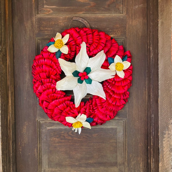 Poinsettia Christmas Wreath-Handmade Corn Husk Flower-Gifts for Her- Colorful-Door Hanging-Holiday Wreath-Ornimental-Shabby Chic-Natural