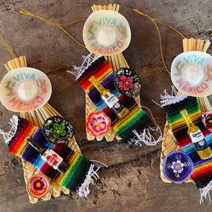 Set of 3 Handmade Mexican kitchen Abanico Ornaments-Wood Clay Miniatures Christmas Tree-Fiesta-Gift Ideas-Holiday-Southwest-Coco-Folk Art