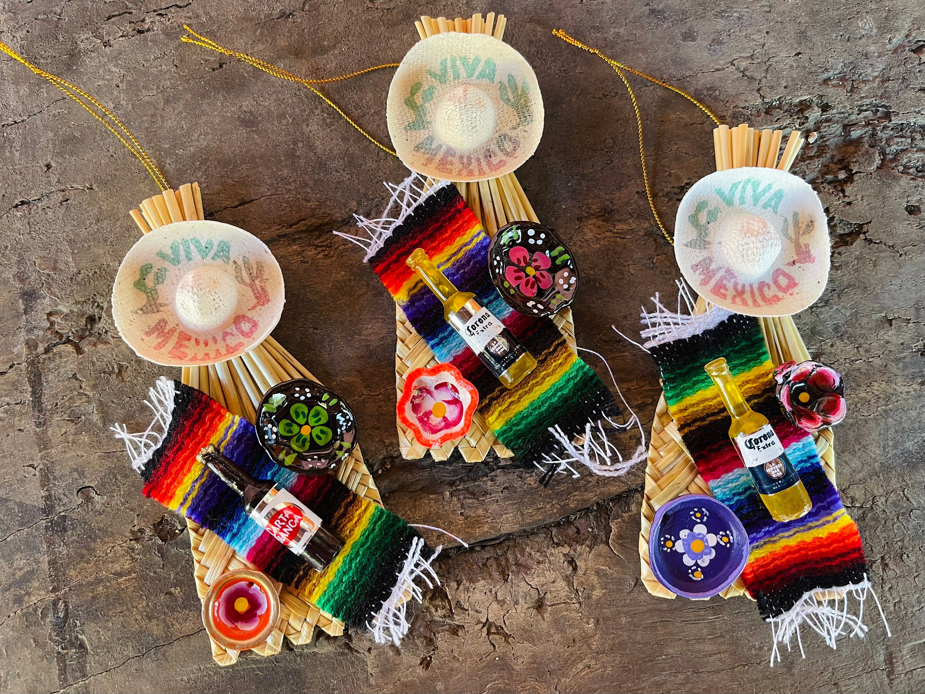 Set of 3 Handmade Mexican kitchen Abanico Ornaments-Wood Clay Miniatures Christmas Tree-Fiesta-Gift Ideas-Holiday-Southwest-Coco-Folk Art