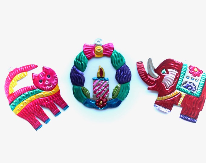 Handmade Mexican Tin Ornaments set of 3 Vintage Christmas Etsy