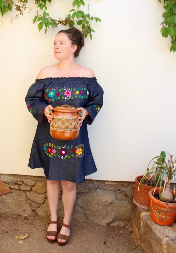 Off The Shoulder Colorful Mexican Dress With Embroidered Etsy