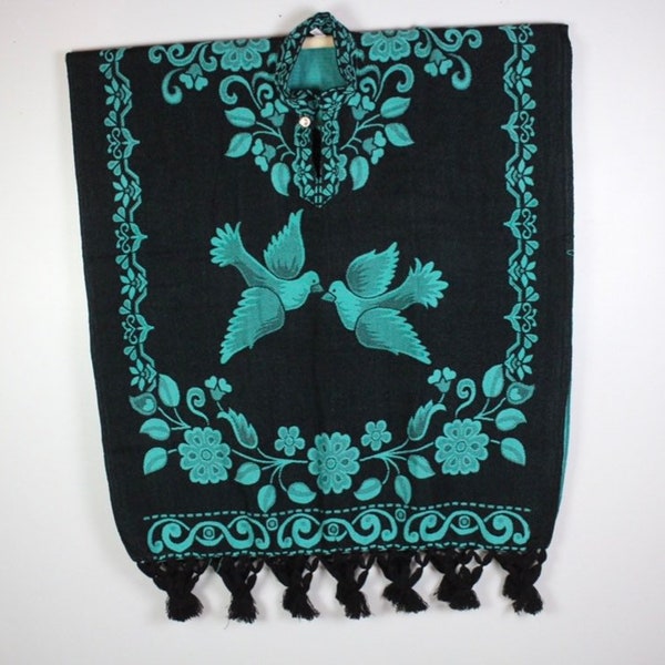 Mexican Woven Dove Bird poncho-Teal Sarape- Fringe Cape- Adult Size- Fiesta- Costume- Black- Pancho Villa- Southwestern- Tassel- Winter Rose