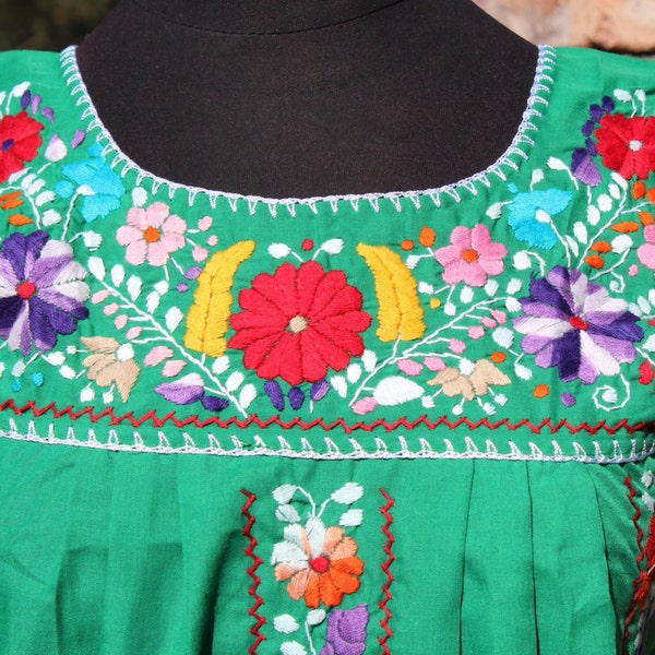 11-12 Years- Colorful Mexican Girls Dress- Embroidered by Hand- Green- Boho- Hippie- Flowers- Summer