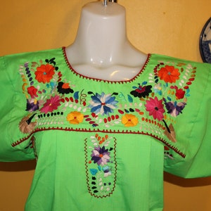 Mexican Embroidered Tunic -Embroidered by Hand- Lime Green (Small) BOHO Hippie- Handmade- Beautiful