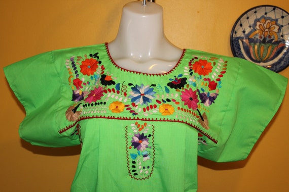 Lemon Yellow Mexican Hand Embroidered Tunic Dress main image 1