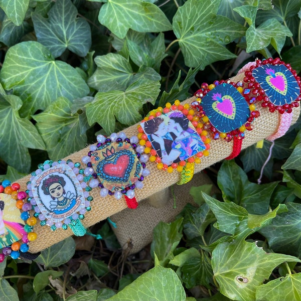 Corazón Sagrado HandEmbroidered Mexican Folk Art Bracelet Folkloric Frida Kahlo Party Gifts for Her Tassel Sacred Heart Religious Mother