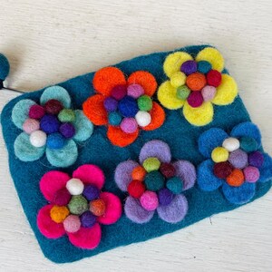 Felted Wool Flower Hand Clutch Bag Coin Purse Handmade Gift Ideas Mexican Pouch Cartera Boho Gifts for Her Teal
