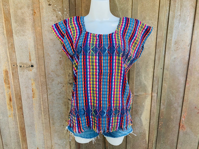 Cotton Woven Multicolor Mexican Huipil Blouse BOHO-Hippie-Frida Kahlo-Festival Fashion-Fiesta Birthday Gift Rebozo