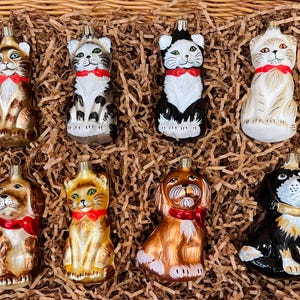 Vintage Cat and Dog Ornaments Made in Germany Puppy Blown Glass Christmas Tree Hand painted