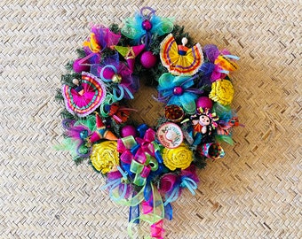 Fiesta Christmas Wreath-Handmade Corn Husk Flower-Gifts for Her- Colorful-Door Hanging-Holiday Wreath-Ornimental-Shabby Chic-Natural