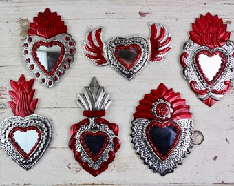 Medium Handmade Mexican Tin Mirror Ornaments Sacred Heart-Valentines Day Gift-Fiesta-Red-Rock & Roll-Hand Painted-Folk Art-Christmas Tree