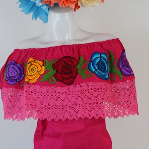 Off the Shoulder Blouse colorful Machine Embroidered Flowers-Pink-Summer-BOHO-Hippie-Frida Kahlo style-Fiesta Birthday Party Outfit-Costume