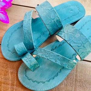 Teal Leather Sandals Woman Mexican Shoes Vintage Style 1970s-Floral-Flip Flops-Hippie-BOHO-Tribal-Shoes-Summer-Handmade Sandals-Huaraches image 5