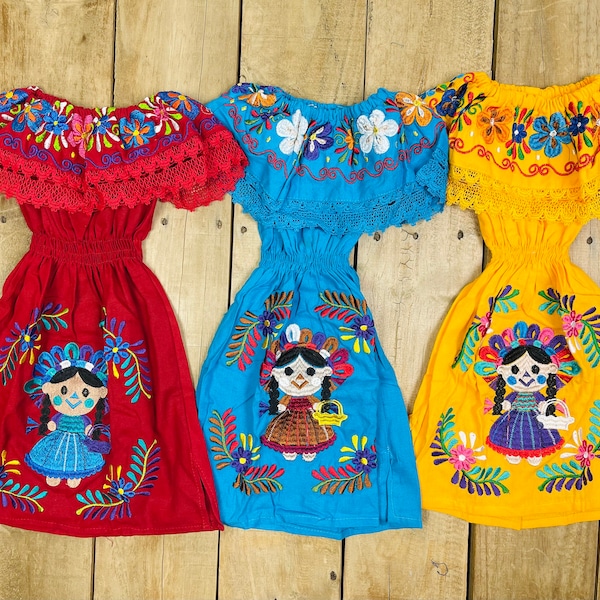 12-24 Months Mexican Doll Girl Dress Summer Boho Handmade Frida Kahlo Fiesta First Birthday Off the Shoulder Cake Smash COCO Party LELE