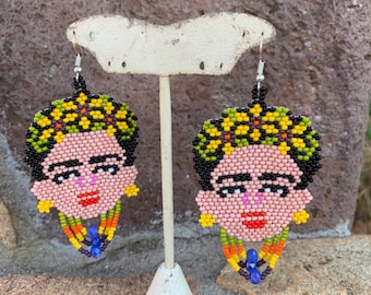 Large Frida Dangle Earrings Handmade Huichol Glass Beaded Hand Woven Jewlery-Boho-Hippie-Ethnic Style-Chandelier-Festival Fashion-Southwest