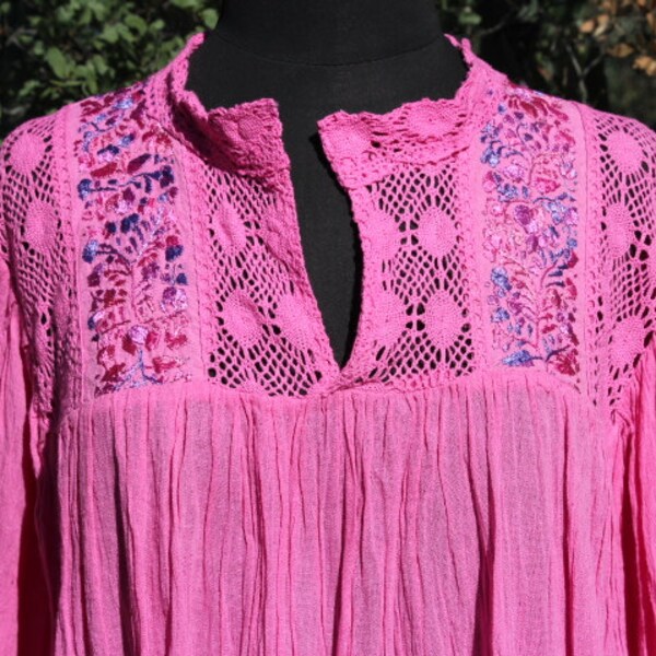 100% Cotton Embroidered with Flowers Mexican Blouse with Lace-BOHO-Hippie- Pink