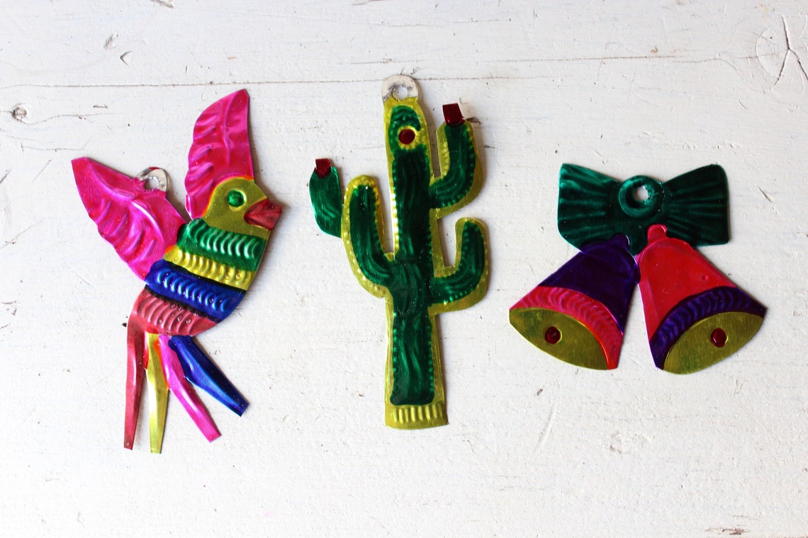 Handmade Mexican Tin Ornaments set of 3 Vintage Christmas Etsy