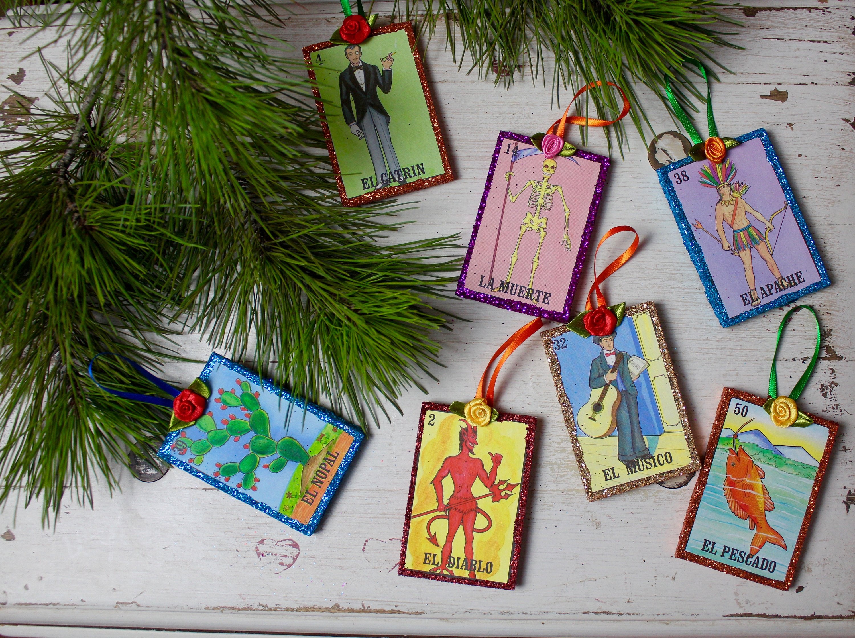 Handmade Mexican Loteria Ornaments with Glitter Christmas Tree-Fiesta…