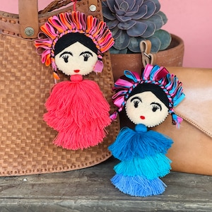 Handbestickte Lele mexikanische Puppe Geldbörse Charm-Quaste-Unique-Tasche Bling-Day of the Dead-Boho-Halloween-COCO-Filz-Applikation Fiesta Geschenk