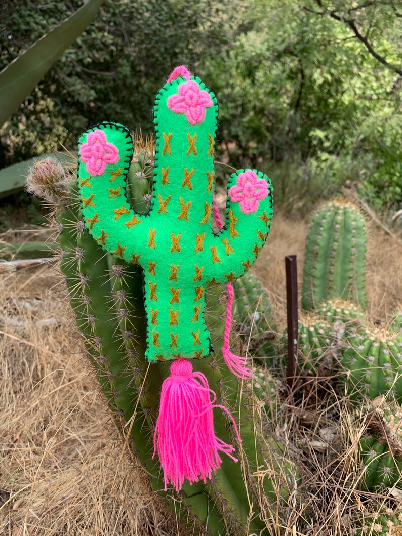 Large Cactus Embroidered Handmade Pompom Tassel Charm-Bag Accessorie-Key Chain-Craft Supply-Backpack Purse Gift for Her-Bohemian-Home Decor