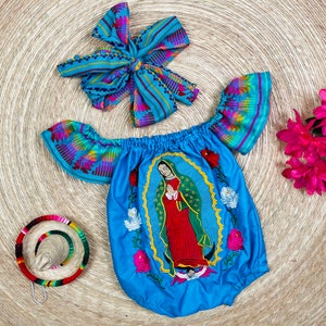 Virgencita Toddler Mexican Girls Romper Onesie Embroidered Flower Girl-Summer Fiesta Boho Birthday Outfit-Frida Kahlo Party