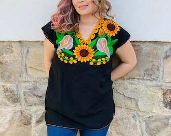 MEDIUM-LARGE Sunflower Embroidered Multicolor Flower Mexican Huipil Cotton-Black-BOHO-Hippie Festival Fashion-Fiesta Gift Summer Halloween