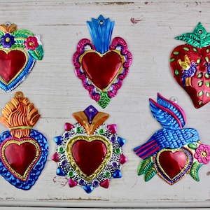 Medium Handmade Mexican Tin Ornaments-Heart-Sacred Heart-Valentines Day Gift-Fiesta-Red-Rock & Roll-Hand Painted-Folk Art-Christmas Tree Tag
