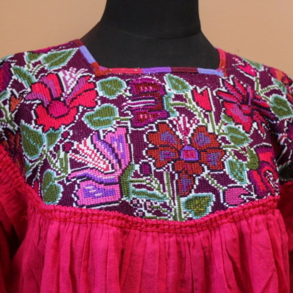 100% Cotton Cross stich Embroidered with Flowers Mexican Blouse- BOHO- Hippie- Pink- Purple- Summer