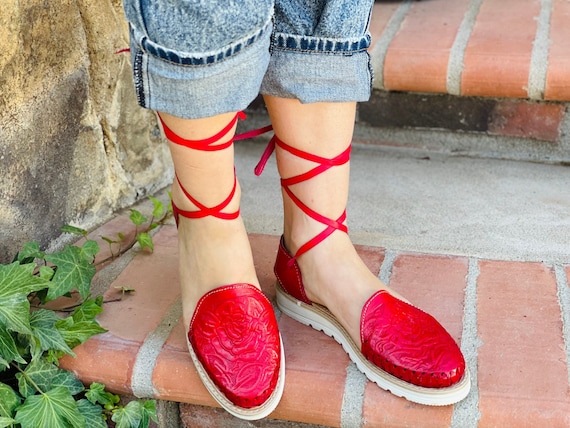Rojo con Mariposa Zapatos Zapatos para mujer Sandalias Huaraches Estilo Romano Zapatos de Cuero Mexicano 