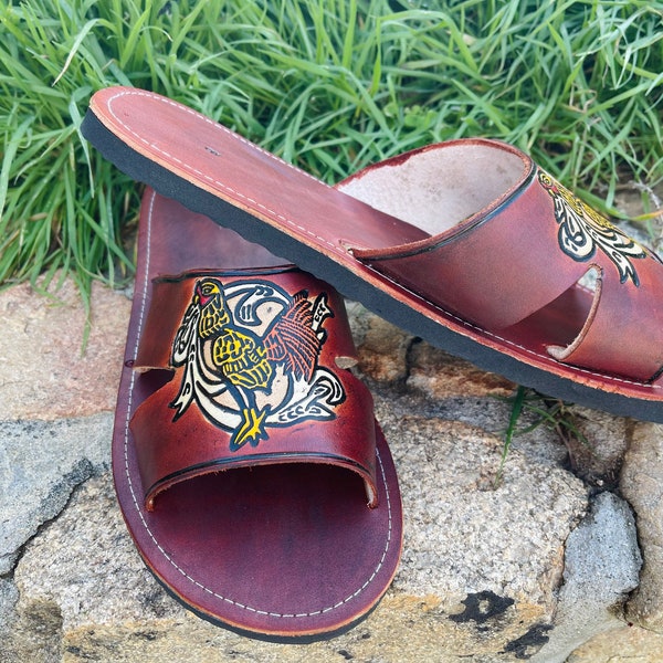 Leather Sandals Mens Mexican Shoes Espadrilles Vintage Style 1970s-Floral-Flip Flops Tribal-Shoes-Summer-Handmade Sandals-Huaraches