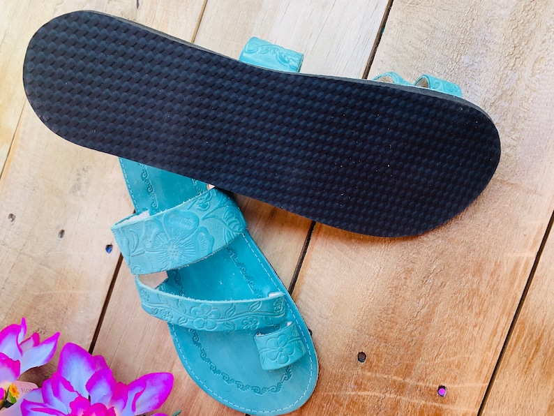 Teal Leather Sandals Woman Mexican Shoes Vintage Style 1970s-Floral-Flip Flops-Hippie-BOHO-Tribal-Shoes-Summer-Handmade Sandals-Huaraches image 7
