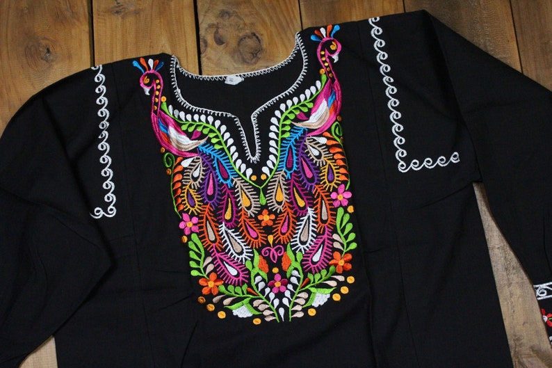 Medium Peacock Embroidered Peasant Blouse Long Sleeve-Black Cotton BOHO-Hippie-Summer-Traditional-Clothing-Frida Kahlo-Mexican Fiesta Outfit
