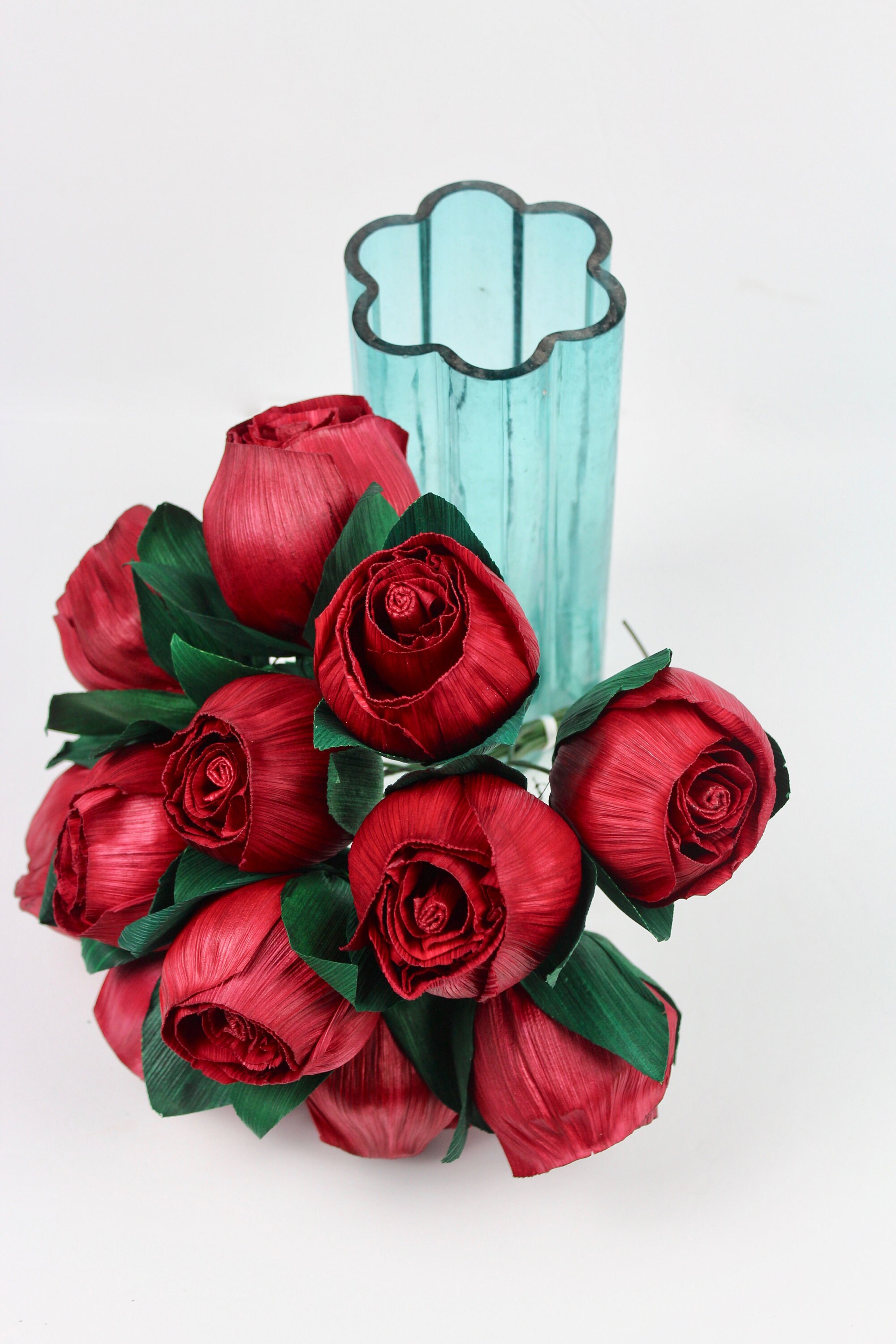 Red Roses Flowers 6 Stems Handmade Corn Husk Flower Etsy