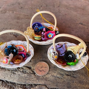 Set of 3 Handmade Mexican kitchen Mini Basket Ornaments-Wood Clay Miniatures Christmas Tree-Fiesta-Gift Ideas-Holiday-Southwest Folk Art
