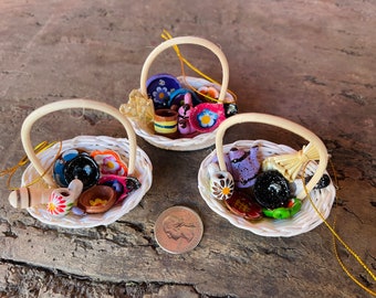 Set of 3 Handmade Mexican kitchen Mini Basket Ornaments-Wood Clay Miniatures Christmas Tree-Fiesta-Gift Ideas-Holiday-Southwest Folk Art