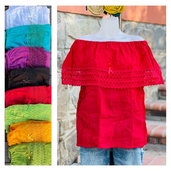 Traditional Mexican off the Shoulder Blouse with Lace Trim-Cotton-Gauze-Elastic Waist-Summer-Fiesta Birthday Outfit-Mexican-Latina-Frida