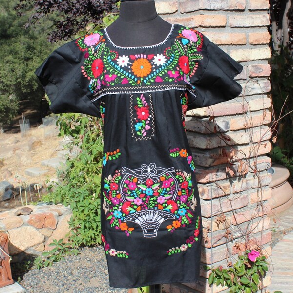Mexican Peasant Dress/ Blouse- Colorful Flowers Embroidered by Hand (Medium)- Black- BOHO- Trendy